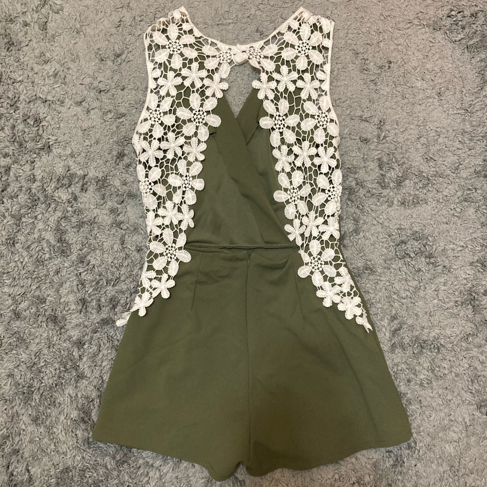 Olive Green Romper with Crocheted Lace Floral Back